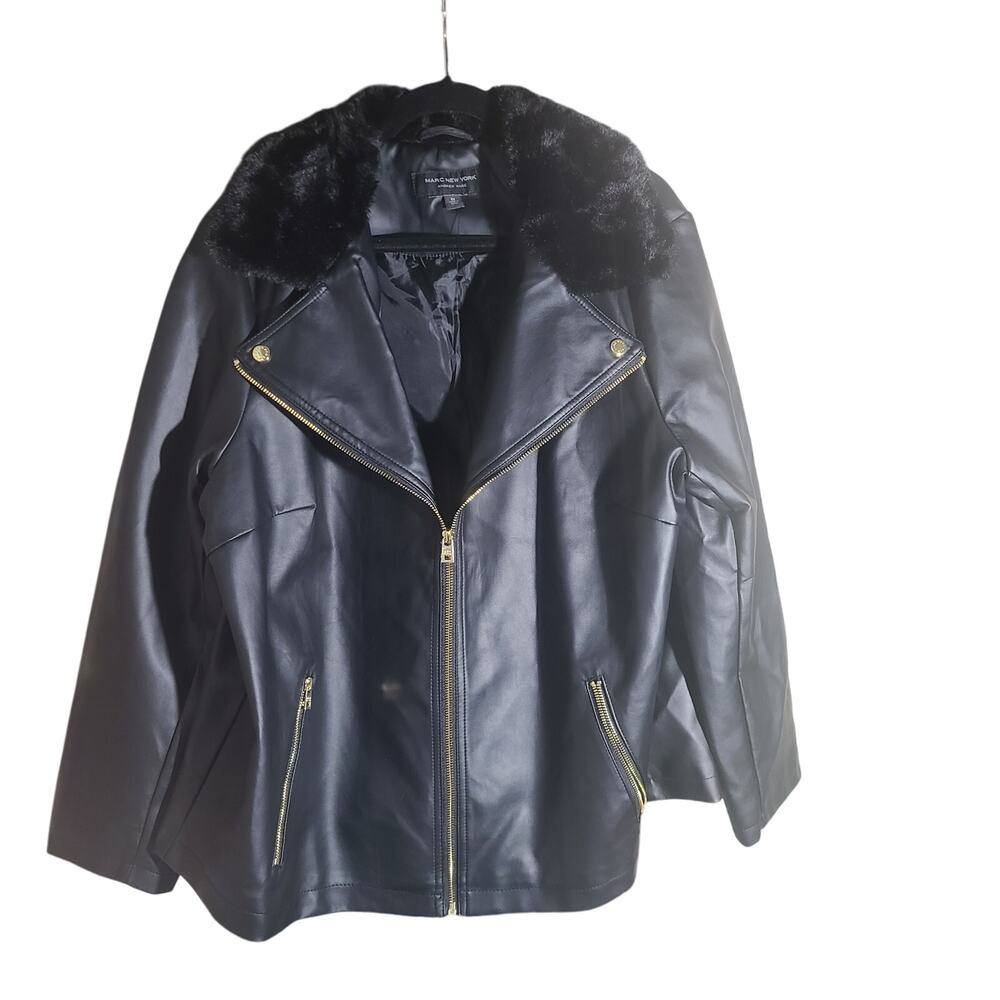 Marc New York Andrew Marc Black Faux Leather & Fur Moto Biker Jacket 2X Plus NWT